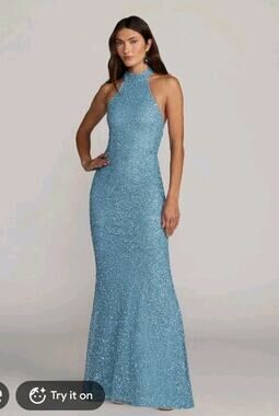 Mac Duggal Saks Fifth Avenue Y2k Pure Silk Blue Embellished Halter Neck Open...